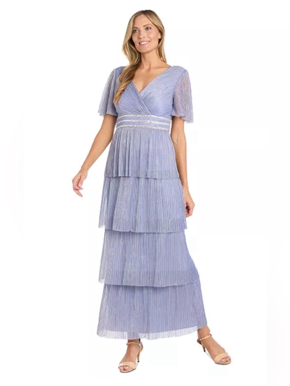 R&M Richards Lavender Tiered V-Neck Maxi Dress